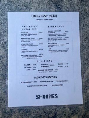 Breakfast menu