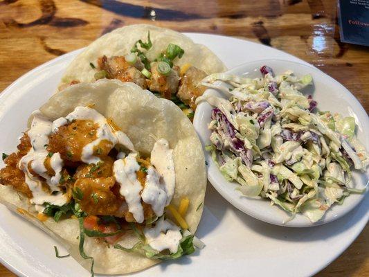 Buffalo Shrimp & Thai Chili Tofu tacos w/ slaw.