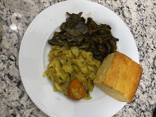 Cabbage, collard greens, and scrumptious cornbread.