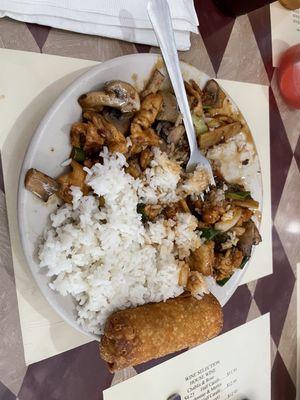 Chicken and mushroom spicy, steamed rice, and egg roll lunch plate.