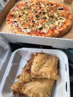 14" pizza and Fresh Baklava