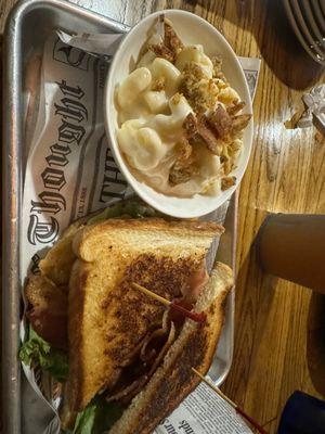 Fried green tomato BLT with side of white cheddar mac and cheese