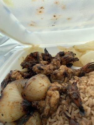 Jerk Shrimp( spicy hot) with double cabbage and rice and peas