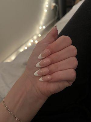 Left hand- Gel X- almond shape- French tip  Done by Ann