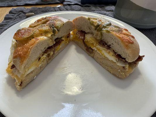 Bacon Egg and Cheese on a Jalapeño Chedar Bagel