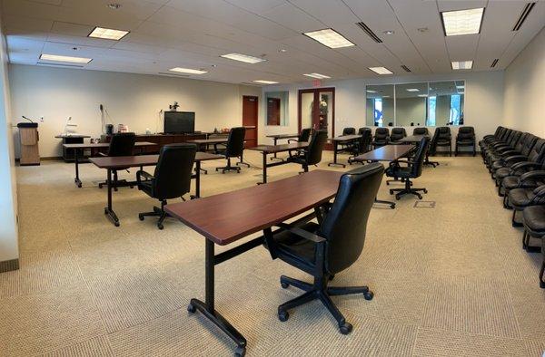 Spacious conference rooms featuring social distancing requirements.