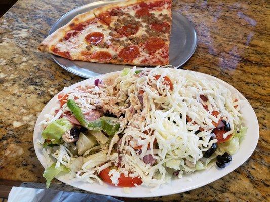 Antipasto Salad and 2 slices of pepperoni and Italian sausage pizza