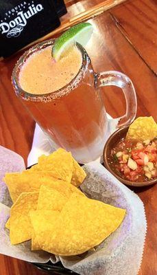 Tortilla Chips & Salsa with my 1st ever Michelada con Estrella Jalisco