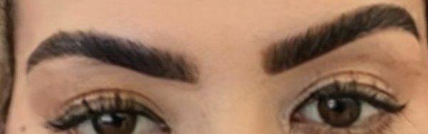 The eye brows are even  my face just looks like that .  The tint does lighten a bit , great experience