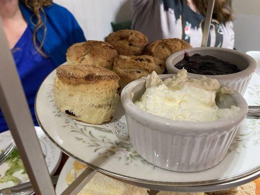 Cranberry scones with clotted cream and blueberry jam