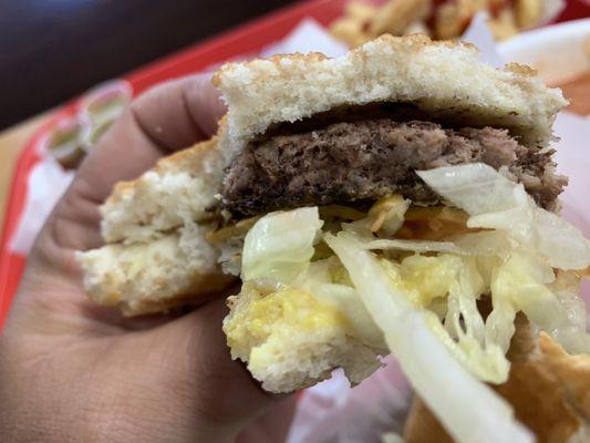 Dry cold burger patty. Short of cardboard.