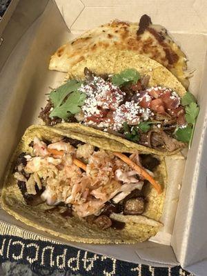 Korean bbq carnitas and quesadilla chicken taco