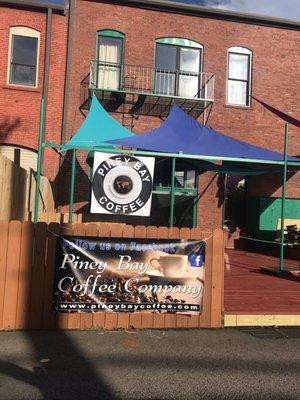 Patio in front of Piney Bay Coffee in Clarksville, Arkansas