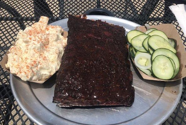 Ribs, potato salad, cucumber & onions. Yum!