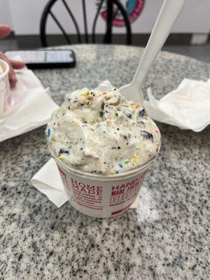 Sweet cream with Oreos, sprinkles and cookie dough.