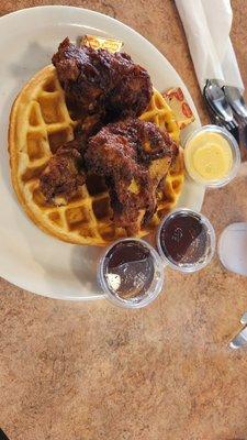 Chicken and Waffles -- sweet cakey batter