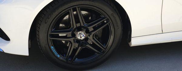 2014 Mercedes E350 AMG Sport staggered wheels after curbing and bend repair plus a custom black powdercoat with a 2 tone effect.