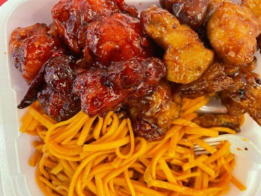 General Tso, orange chicken, and lo mein. Damn good!