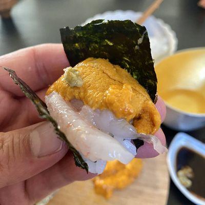 Homemade roll with uni, amaebi, and rice from Nijiya