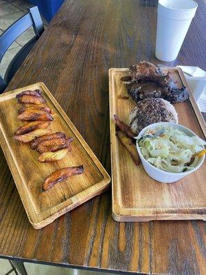 Plantains, Jerk Chicken, cabbage, Rice and Peas.