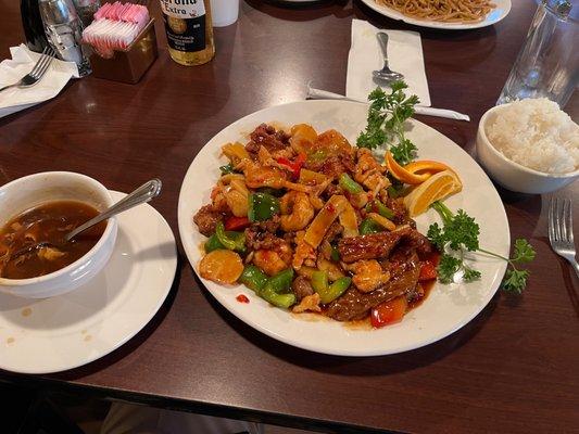 Sichuan Combination beef, chicken, pork & shrimp! Tons of great vegetables!  Nice kick too!