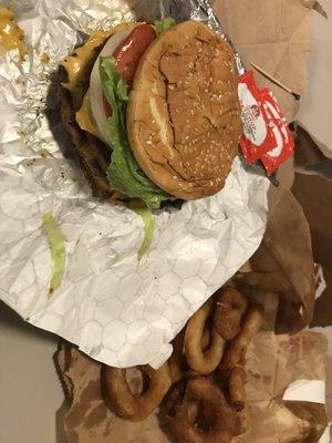 Triple Deluxe Burger and Onion Rings