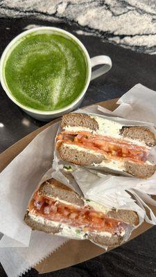 Gluten free superfood bagel with scallion cream cheese and nova - ceremonial matcha