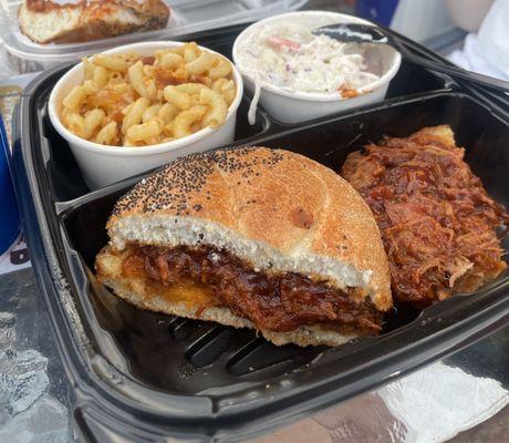 Kansas City Pulled Pork Sandwich, Mac and Cheese, Cole Slaw