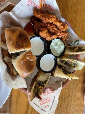 Triple Dipper Southwestern Eggrolls, Nashville Hot Chicken Crispers, Pepper Pals Cheeseburger Bites