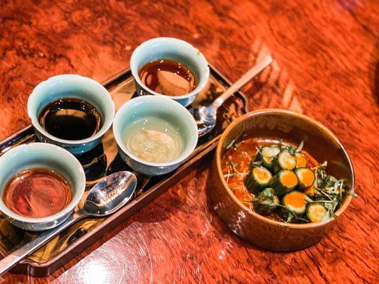 Spicy cucumbers and 4 dipping sauces