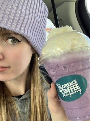 Huckleberry smoothie (coincidentally matches my hat)