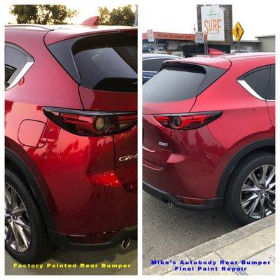 These photos clearly show the paint mismatch job Mike's Autobody performed on our 6 month old Mazda CX-5's rear bumper.  Truly disappointed.