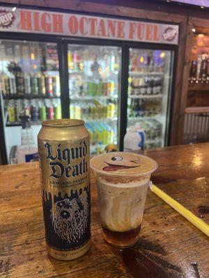 Cinnamon Toast Crunch Iced Latte and Liquid Death