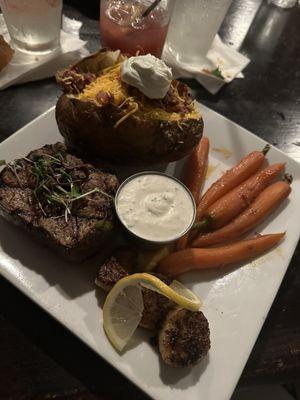 8oz Tenderloin Filet with Miso Carrots and a baked potato