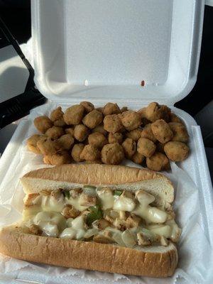 Chicken Philly-all the way and fried okra for $10; beverages are an additional .$75