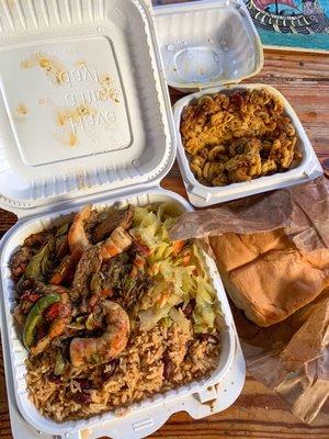 (All Vegan) Jerk Shrimp & Chicken, Rice & Peas, Cabbage, Macaroni Pie and Coco Bread