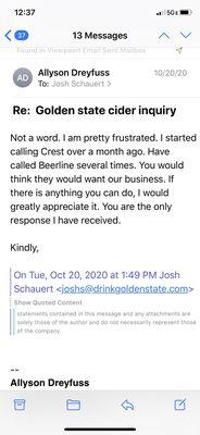 Email correspondence with Golden State regarding my 6 weeks of attempts to get ahold of Crest.