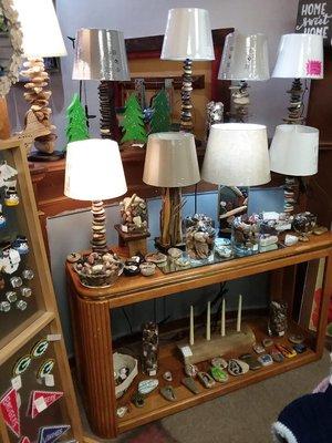 Hand crafted lamps and the stand is made from driftwood and various rocks collected from the shores of Lake Michigan's beaches