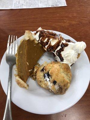 Great dessert plate. The pie had a slight coffee taste. The muffin great. The pumpkin was a bit much for me.