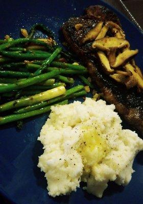 Shiitake Mushrooms w/ New York Strip  Spicy Seasoned Asparagus  Mashed Potatoes w/ melted butter  (Everything purchased at Lahody's)