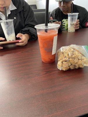 Boba drinks, watermelon slush, pork rinds