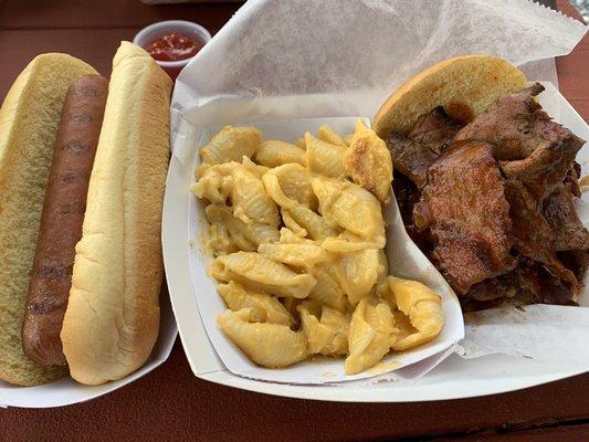 Hotdog, Mac n cheese, brisket sandwich