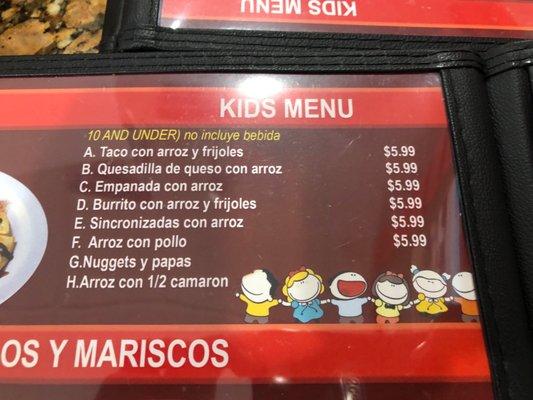 Kids menu