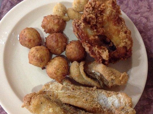 Fri buffet $10.99 fish fillet/strip chicken potatoes beans cobbler. Chicken needs to be brined, it was really dry and tough