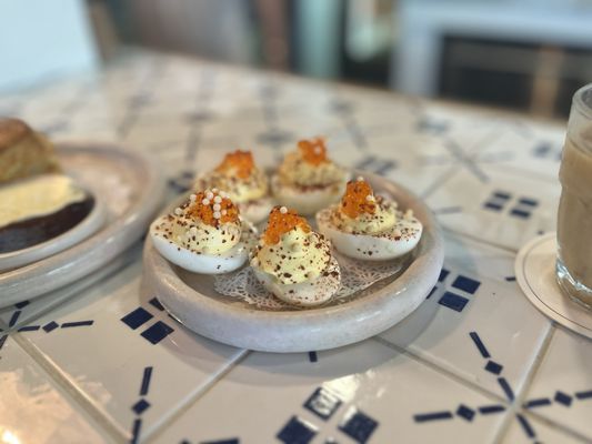 Deviled eggs with smoked trout roe