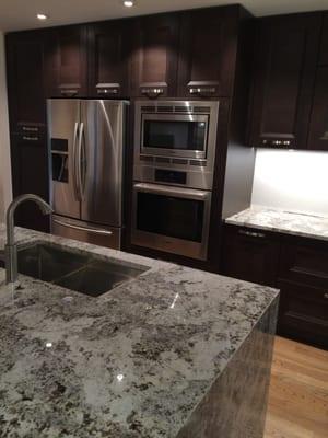 Waterfall island. Cut and Installed by PayLess for granite