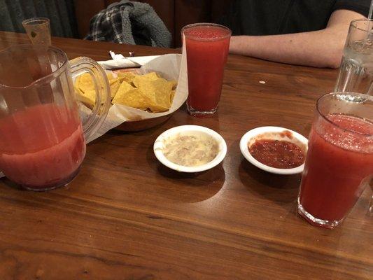 Frozen Strawberry Margarita, Chips and salsa with FREE bean dip