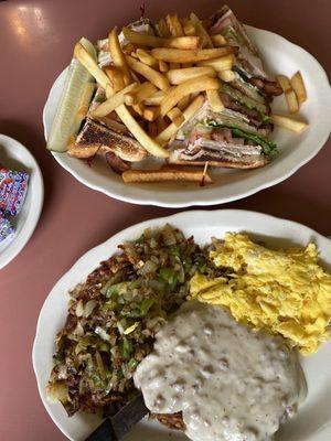 Club sandwich, 2 eggs with country fried steak and hash browns (+peppers and onions).