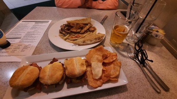 Sliders and Blackend chicken Alfredo. Looks good.