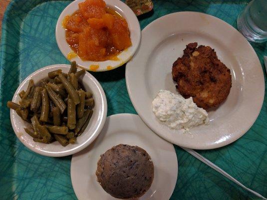 Yams, green beans, salmon patty (they loaded me down with tartar sauce & I don't even like it), blueberry muffin. $7.59 special.